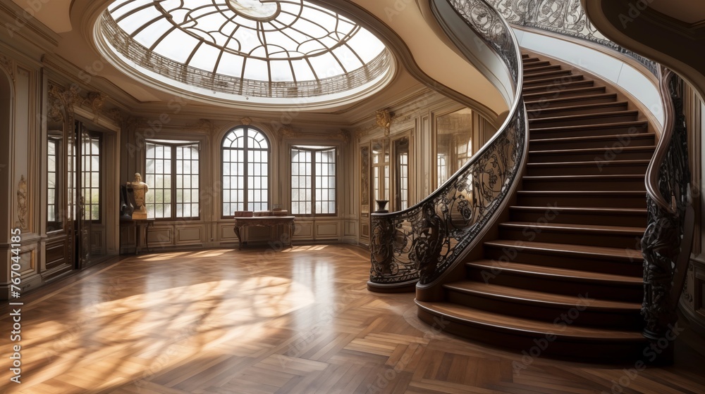 Elegant chateau-inspired circular staircase hall with inlaid herringbone parquet floors wrought iron balustrades and dome skylight above.