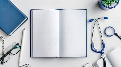 Mock-up of blank pages of an open notebook with copy-space for text on a white background with a doctor stuff, glasses and stethoscope in blue decorations.