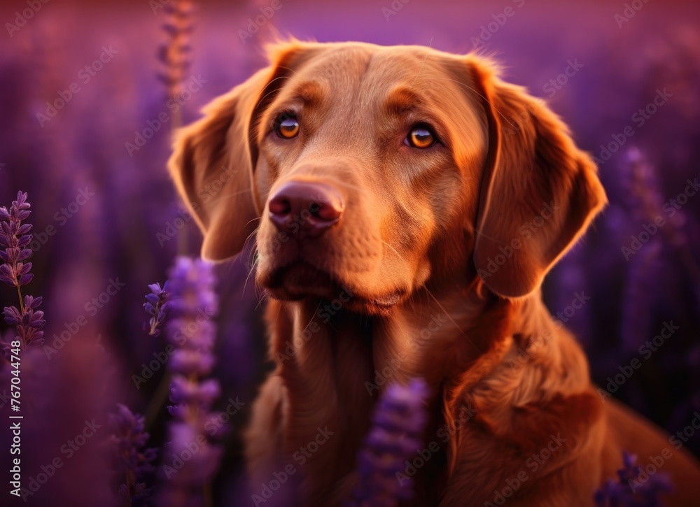 Labrador retriever contemplating in purple wildflowers Labrador retriever contemplating in purple wildflowers