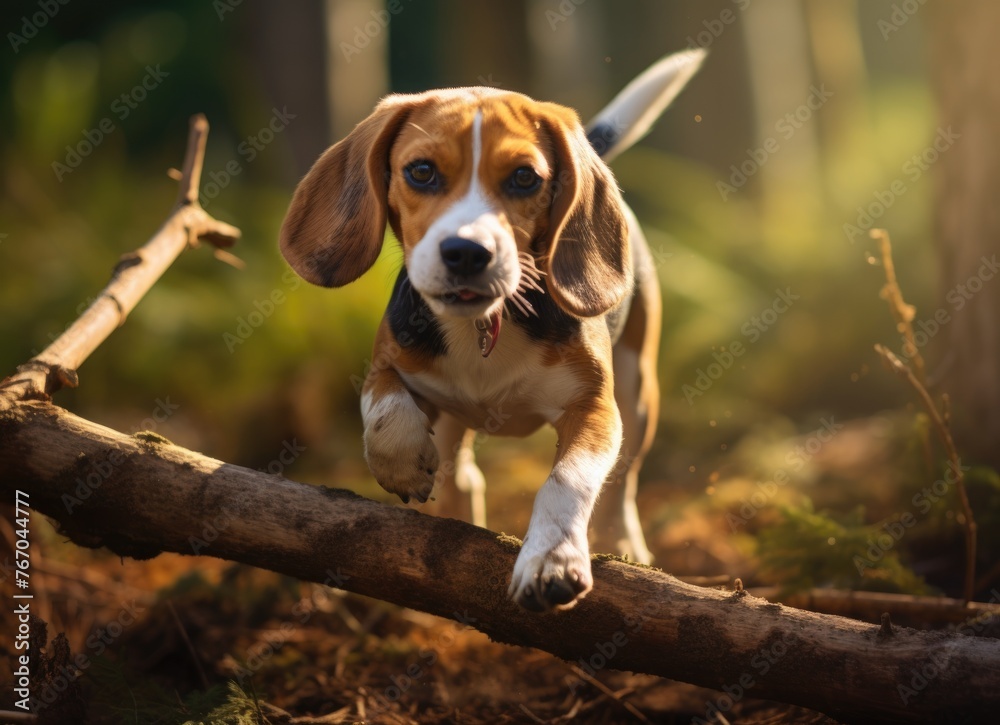 Joyful beagle puppy playing in sunlit forest