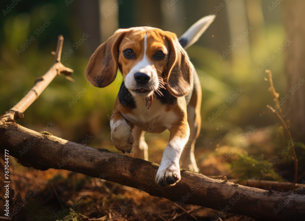 Joyful beagle puppy playing in sunlit forest Joyful beagle puppy playing in sunlit forest