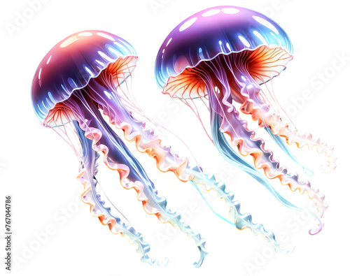 Vibrant jellyfishes illustration isolated on transparent background, png. Generative ai