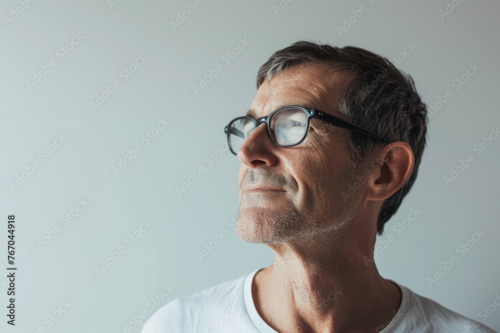 Portrait of handsome senior man in glasses looking away while standing against grey background Portrait of handsome senior man in glasses looking away while standing against grey background