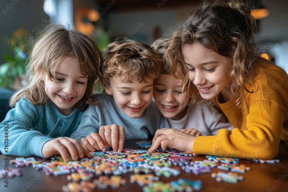 Cheerful children engaging in a fun puzzle game together indoors Cheerful children engaging in a fun puzzle game together indoors