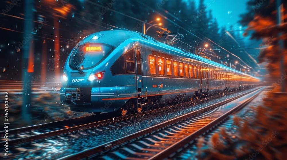 A blue train travels down train tracks, surrounded by trees in the rain, illuminated by lights on its sides A blue train travels down train tracks, surrounded by trees in the rain, illuminated by lights on its sides