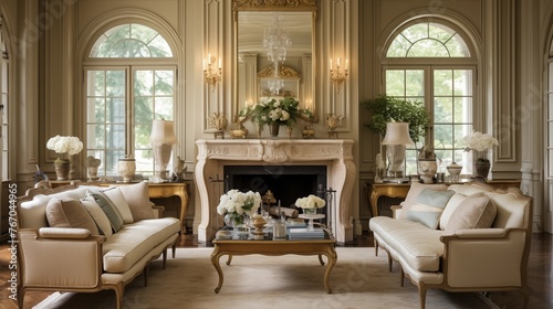 Elegant French inspired sitting room with silk-upholstered chairs delicate antique accents and fireplace mantel.