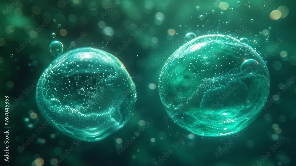 A pair of bubbles hover above a blue and green backdrop, surrounded by floating bubbles in the sky A pair of bubbles hover above a blue and green backdrop, surrounded by floating bubbles in the sky