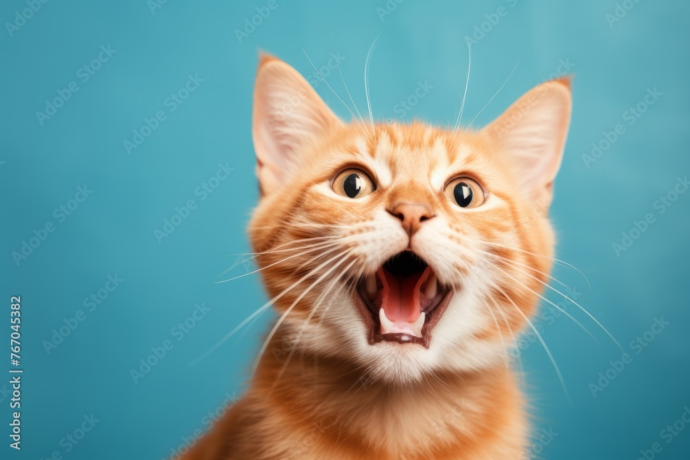 Happy funny excited cat with wide open mouth on bright background