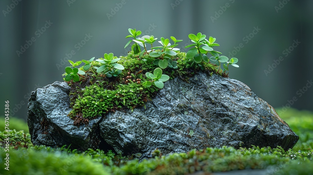 A rock covered in moss, from which tiny plants are emerging. Generative Ai A rock covered in moss, from which tiny plants are emerging. Generative Ai