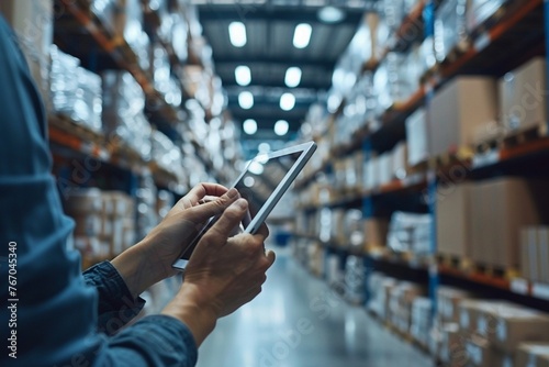 Smart warehouse management system.Worker hands holding tablet on blurred warehouse as background