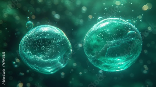   A pair of bubbles hover above a blue and green backdrop, surrounded by floating bubbles in the sky