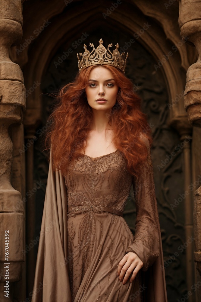 Regal redhead queen in stone arch corridor