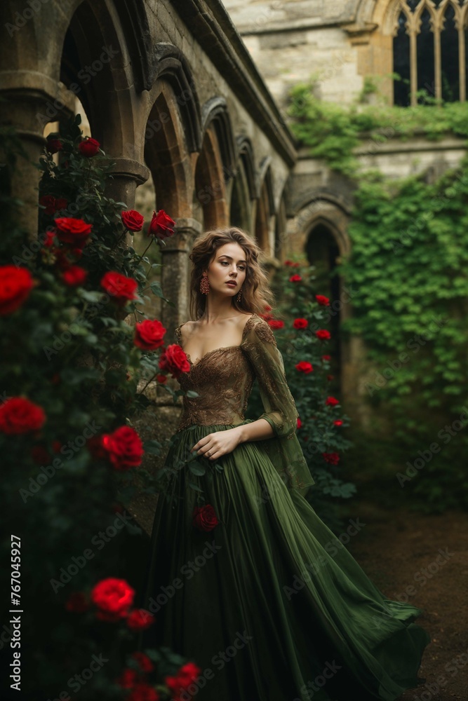 Fototapeta premium Queen in green gown among red roses