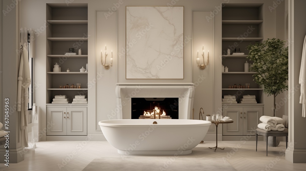 Fototapeta premium Elegant spa-like master bathroom with freestanding tub and fireplace.