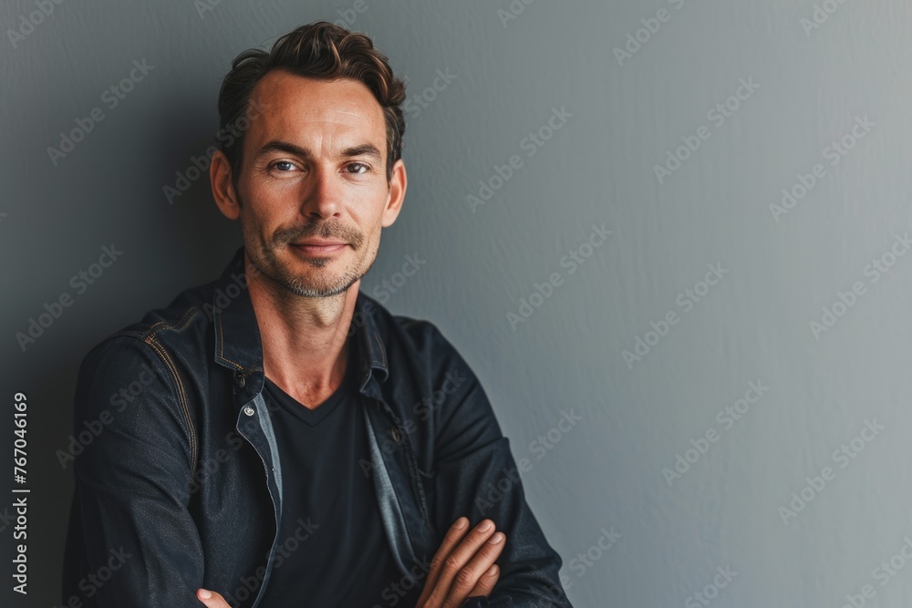 Portrait of handsome middle-aged man in casual clothes on grey background