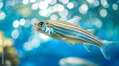 A closeup of a zebrafish in an aquarium. The zebrafish is a small, freshwater fish that is native to the Ganges River in India and Bangladesh.