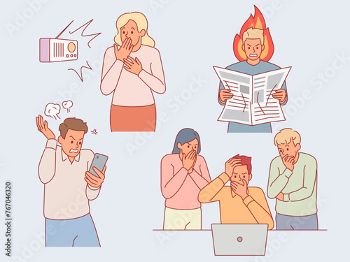 People getting bad news. Negative reaction to stressful information, social media and fake news, angry scared men and women, propaganda attack cartoon flat style isolated vector set