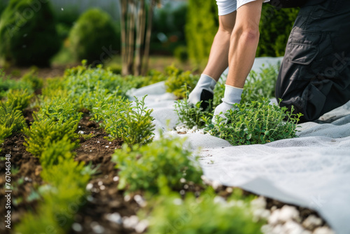 A man is kneeling down in a garden, tending to some plants. The garden is filled with various types of plants, including some that are green and some that are brown. The man is wearing gloves