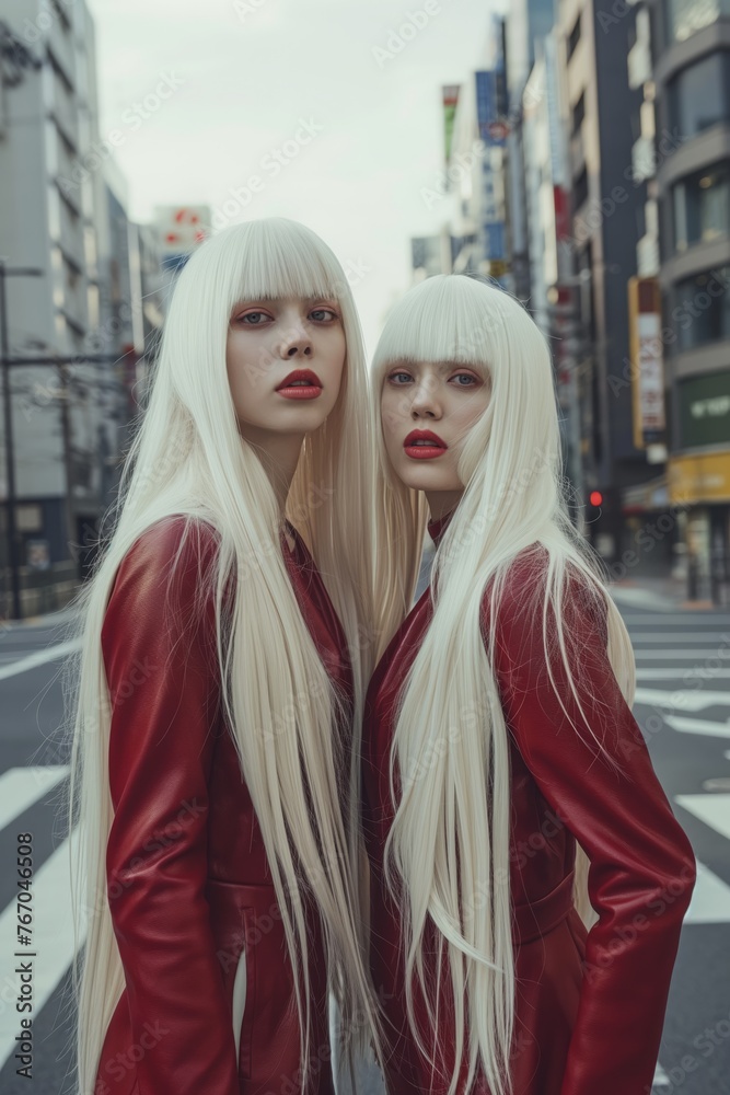 Twins in red leather with urban backdrop. Identical twins in striking red leather attire stand confidently against an urban landscape Twins in red leather with urban backdrop. Identical twins in striking red leather attire stand confidently against an urban landscape