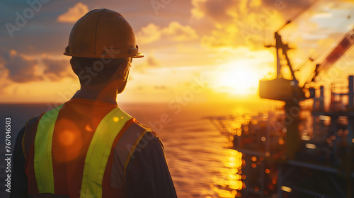Back view of oil worker wearing a safety helmet and vest working in oil rig In the middle of the sea to find and produce oil, a career that is risky but gives good rewards photo