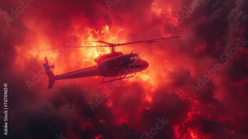  A helicopter flying against a fiery and smoky sky background