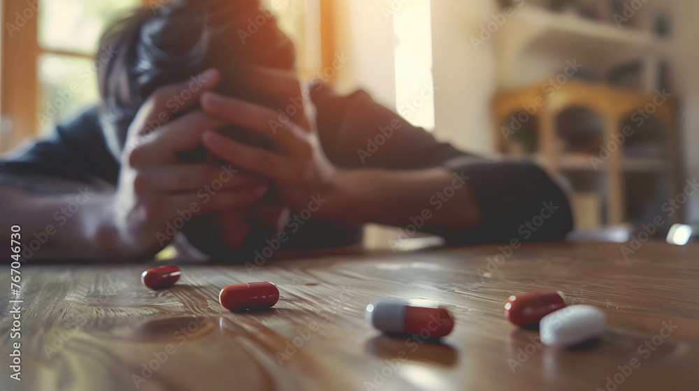 Medicine pill on the table, person or businessman holding his head shows depression and stress from environment pressure and work