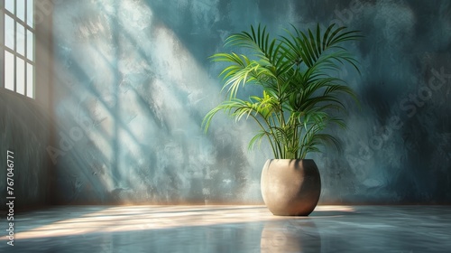  A pot plant sits atop a table beside a window with a blue backdrop