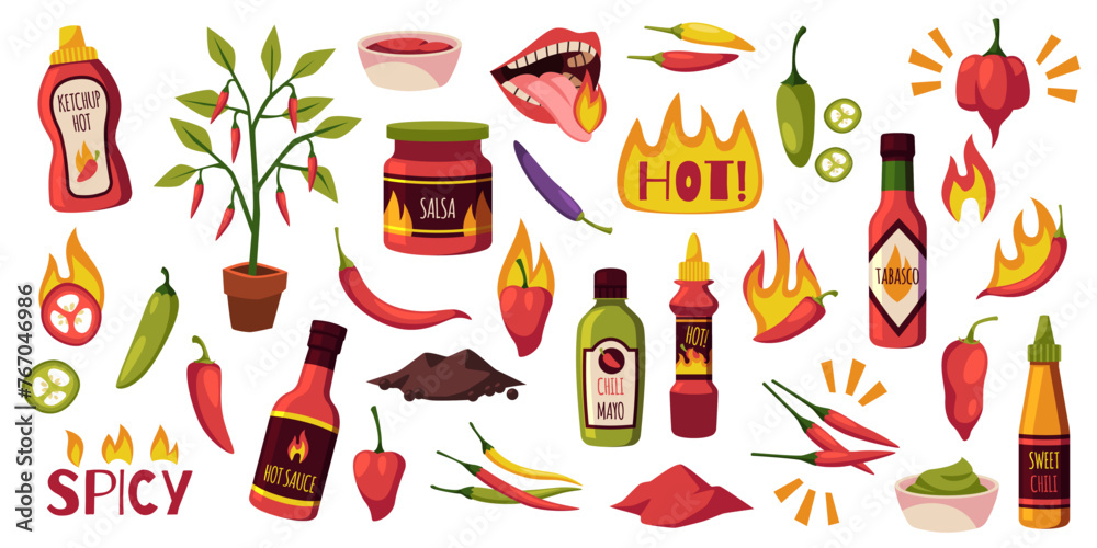 Cartoon hot sauces. Chili and spicy ketchups in plastic and glass bottles, tabasco and salsa, red and green burning peppers, piquant taste, mouth with fire on tongue, tidy vector set - obrazy, fototapety, plakaty 