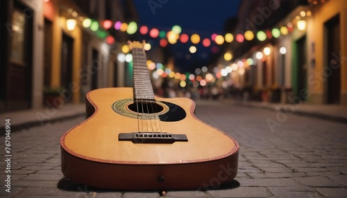 Guitar In A Festive Lit Street For Cinco De Mayo.