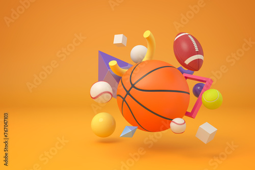 Basketball and sports gear floating freely