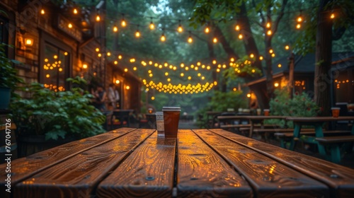  A cup of coffee resting on a wooden table in a forest lit up by many sources of light