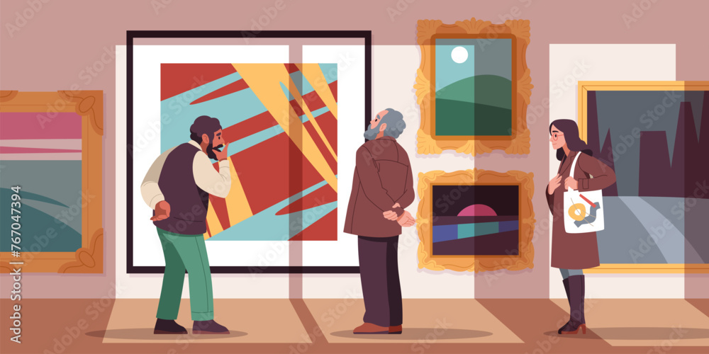 Art gallery visitors. Modern art connoisseurs view paintings in contemporary exhibition hall, abstractionism museum, rich frames, cartoon flat style isolated illustration, tidy vector concept - obrazy, fototapety, plakaty 