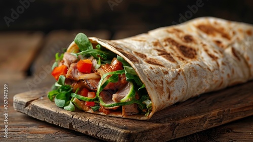 Gourmet wrap with fresh vegetables and grilled meat on rustic wood