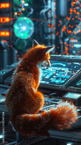 Obraz na płótnie A cyber-galaxy fox operating a holographic console