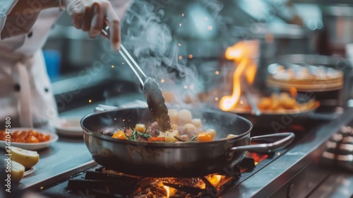 Person Stir-Frying Food in Wok on Stove