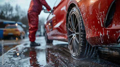 Man Washing Red Car at Carwash with Foamy Soap. Concept of Automotive Care. © LotusBlanc