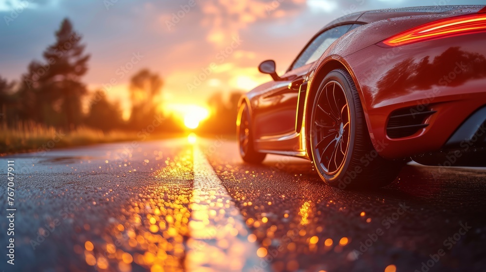   A red sports car sits beside the road as the sun sets in the background - obrazy, fototapety, plakaty 