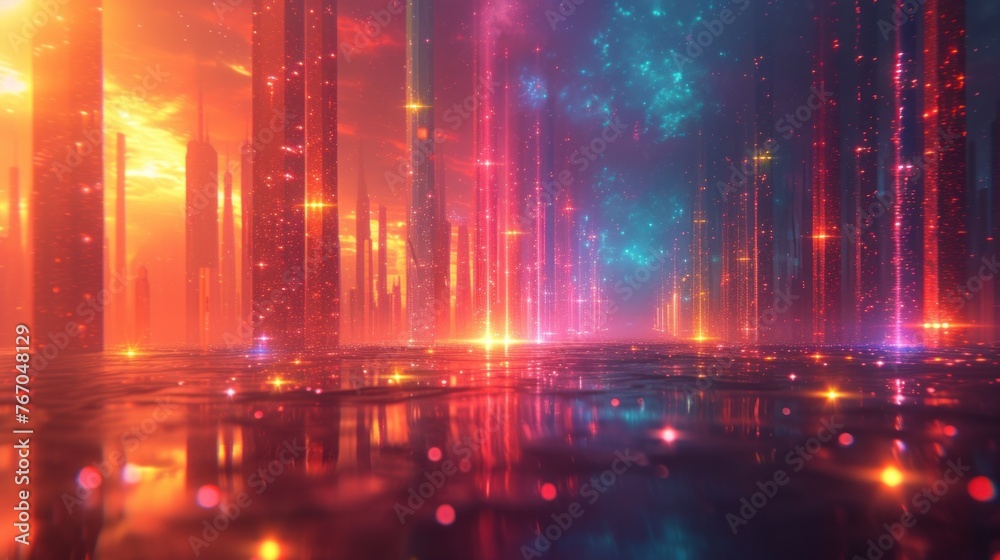 Futuristic Cityscape Bathed in Neon Lights at Twilight