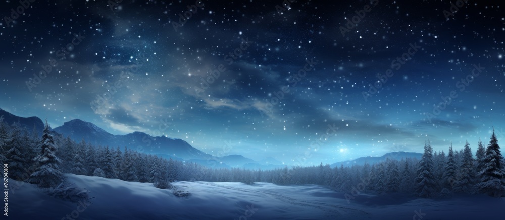 A natural landscape featuring a snowy terrain with mountains silhouetted against the night sky filled with twinkling stars