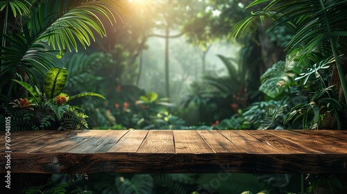 Bare wooden desk in the middle of a jungle. Generative Ai