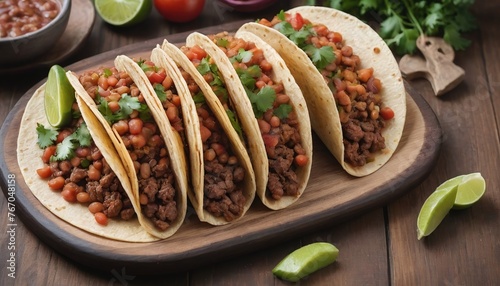 Photo Of Mexican Tacos With Beef And Beans On A Wooden Background.