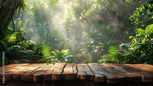 Bare wooden desk in the middle of a jungle. Generative Ai