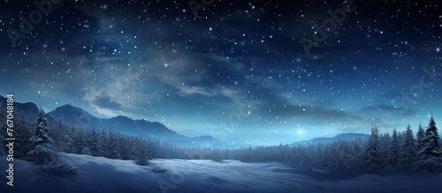 A natural landscape featuring a snowy terrain with mountains silhouetted against the night sky filled with twinkling stars © AkuAku