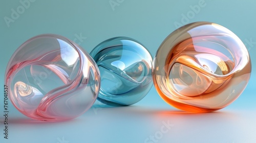 Abstract Glass Spheres With Swirling Patterns on a Blue Background