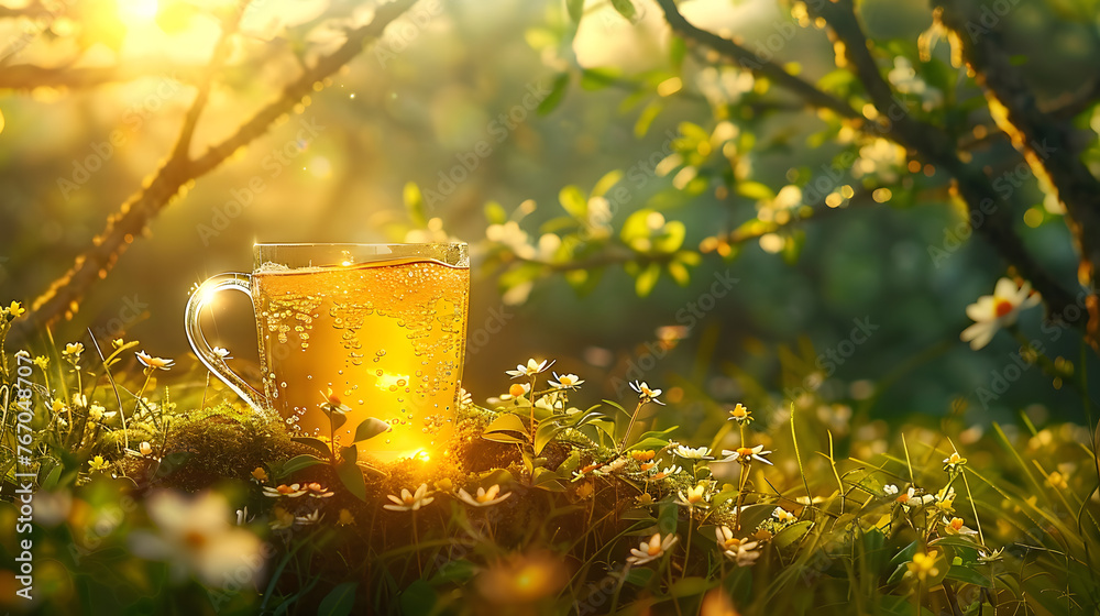 A transparent cup holding a radiant yellow drink, set amidst a lush green landscape, under the midday sun. - obrazy, fototapety, plakaty 