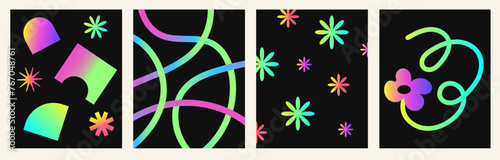 Set of abstract poster with geometric gradient shapes. Brutalism background with doodle acid lines. Playful naive black background with figure in 90s style