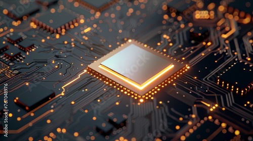 Illustration of AI circuit board representing central computer processors (CPU) concept, showcasing motherboard digital chip and integrated communication processor.