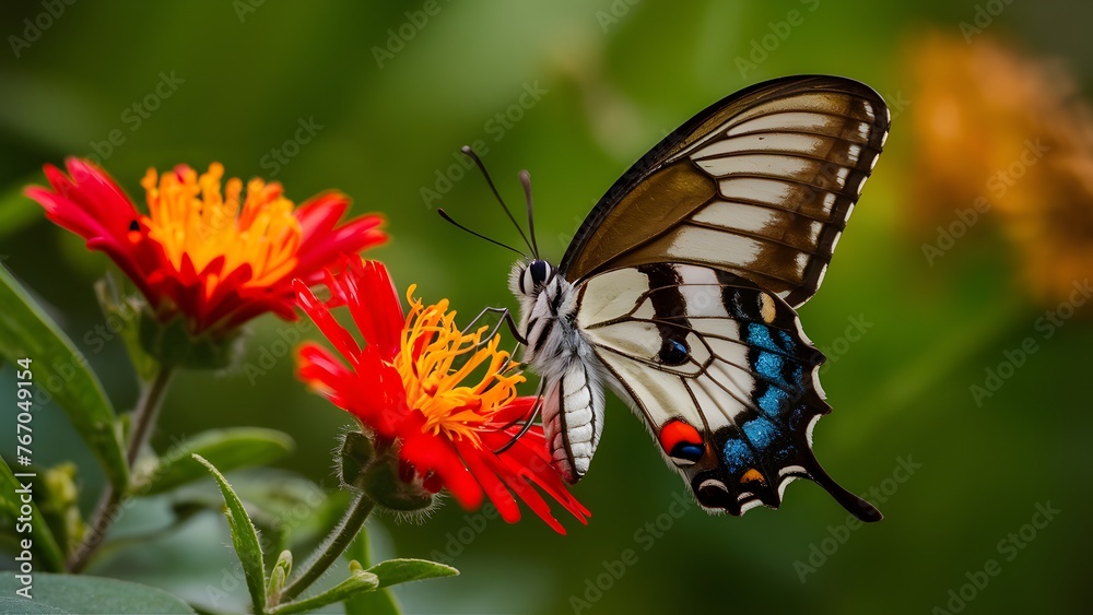 Argynnis niobe butterfly sitting on red miniature flower, perfect light
