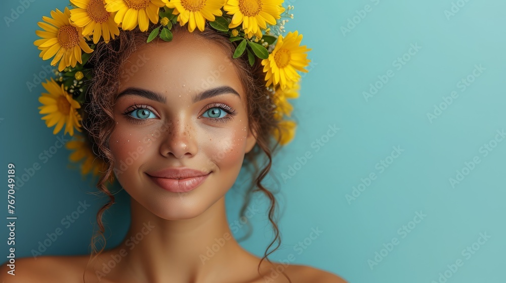   A woman with sunflowers on her head and a smile on her face, set against a teal backdrop