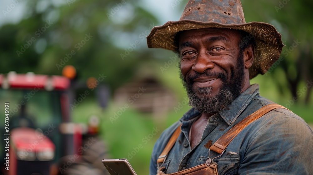 Bearded man in cowboy hat and suspenders smiling by tractor at outdoor event